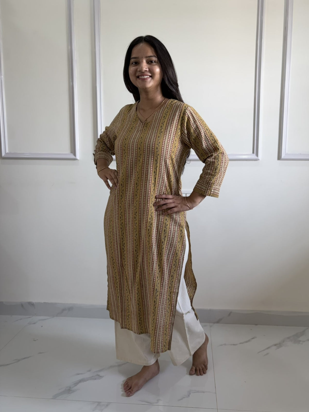 Tholi - Yellow Kalamkari Straight Kurti - Block Printing