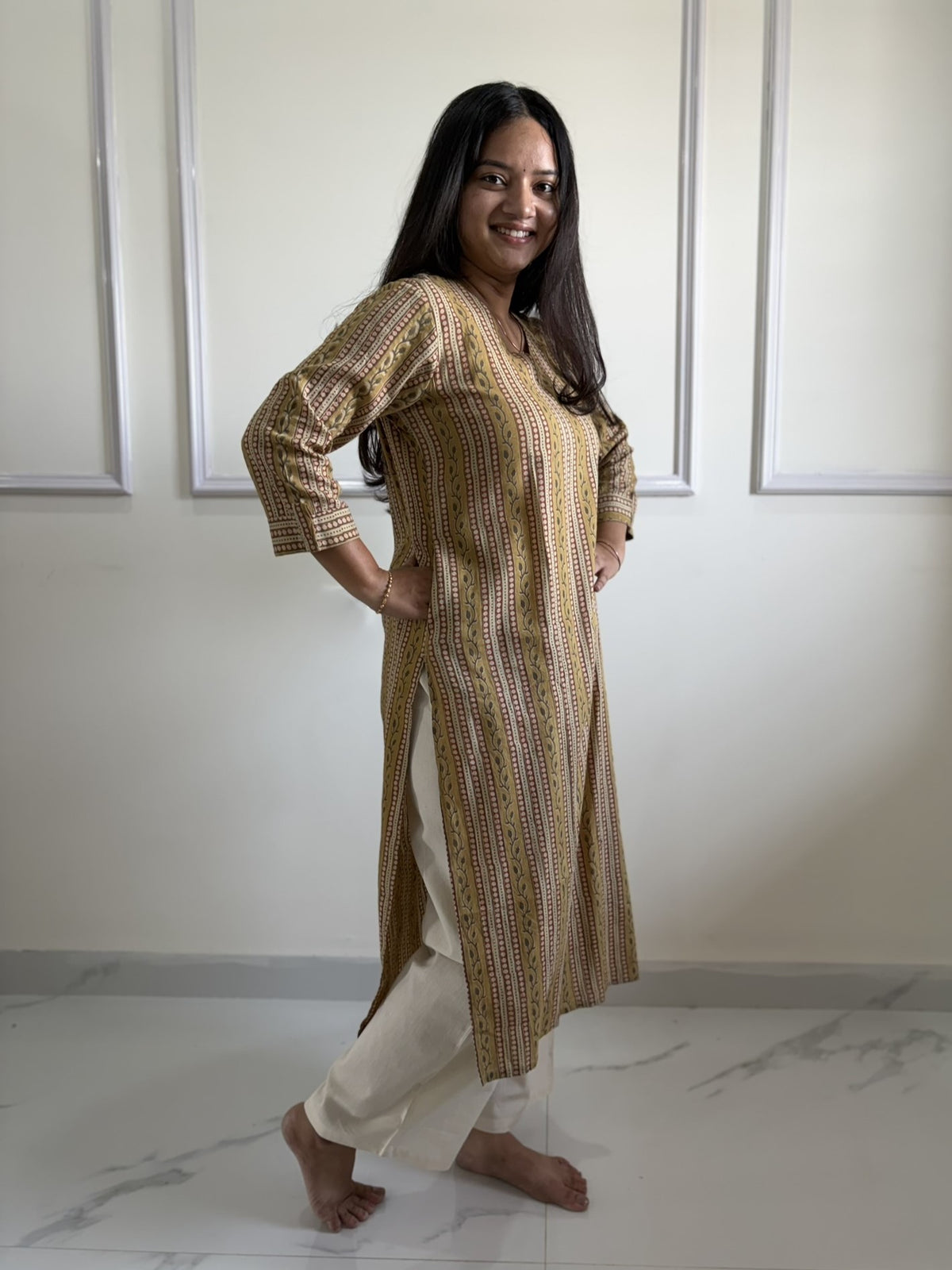 Tholi - Yellow Kalamkari Straight Kurti - Block Printing
