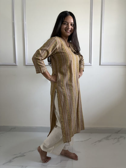 Tholi - Yellow Kalamkari Straight Kurti - Block Printing