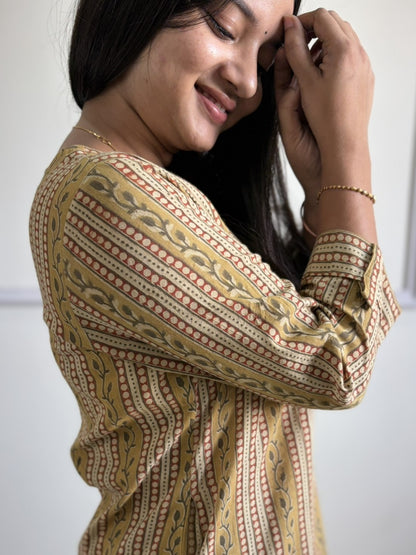 Tholi - Yellow Kalamkari Straight Kurti - Block Printing